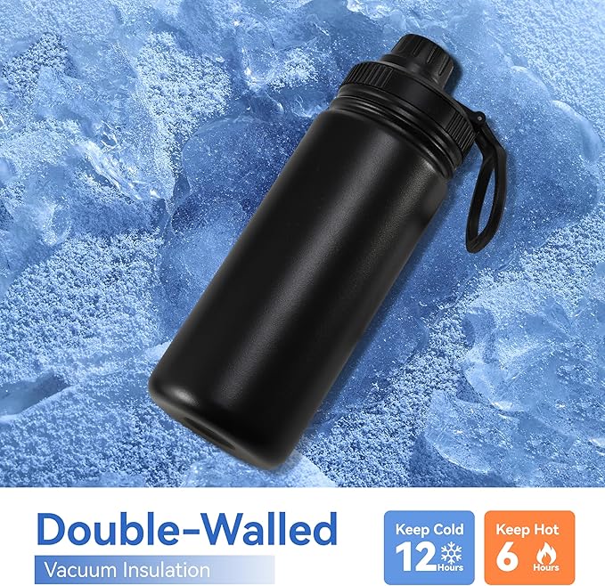 DOMICARE 16 oz Kids Water Bottle for School Stainless Steel Double Wall Vacuum Insulated Water Bottle with Straw lids & Spout Lid, Leakproof BPA Free （Black,4）