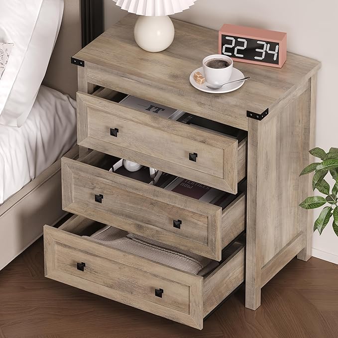 BORNOON 3-Drawer Dresser, Small Wooden Chest of Drawers with Metal Knobs, Water-Resistant Top, Storage Organizer with Anti-Tip Kit for Bedroom, Nursery, Living Room