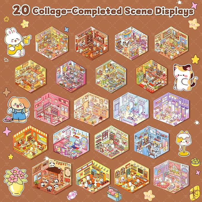 ASTARON 20 Sets DIY 3D Sticker Scene Book Sticker Therapy for Adults, Make Your Own Mini Cozy Shop House Room Stickers Cute Cartoon Miniature Stickers for Girls, Relief Stress Pass The Time