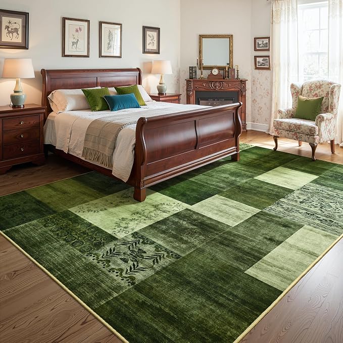 Tepook 5x7 Green Area Rugs for Living Room, Modern Large Geometric Rug for Bedroom, Washable Patchwork Rug Indoor Non Slip Throw Carpets for Dining Room Office Farmhouse Home Decor
