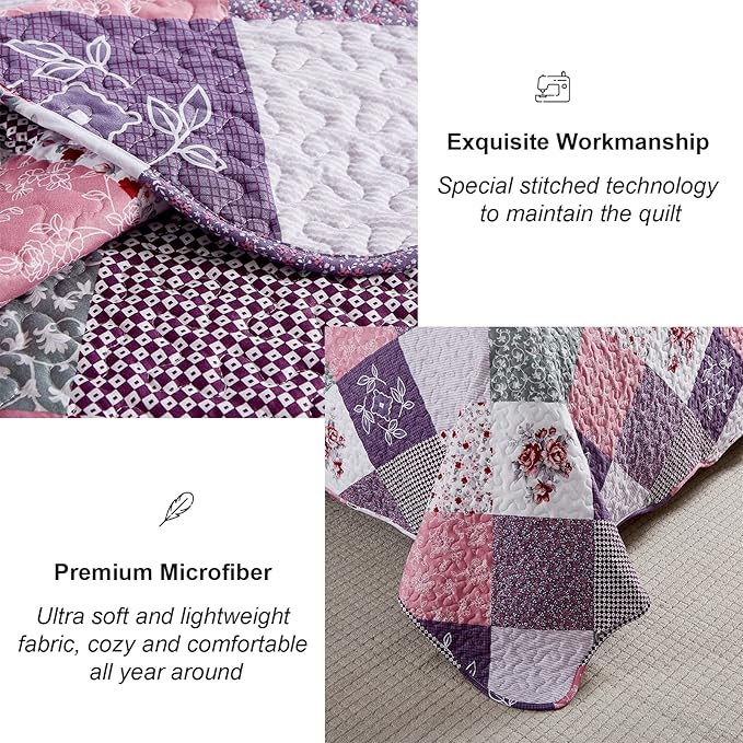 Dinjoy Purple Quilt Set King Size, Reversible Floral Plaid Patchwork Pattern Bedding Set Soft Microfiber Lightweight Bedspread Coverlet 3 Piece Spring Summer Use (104x90 inches)