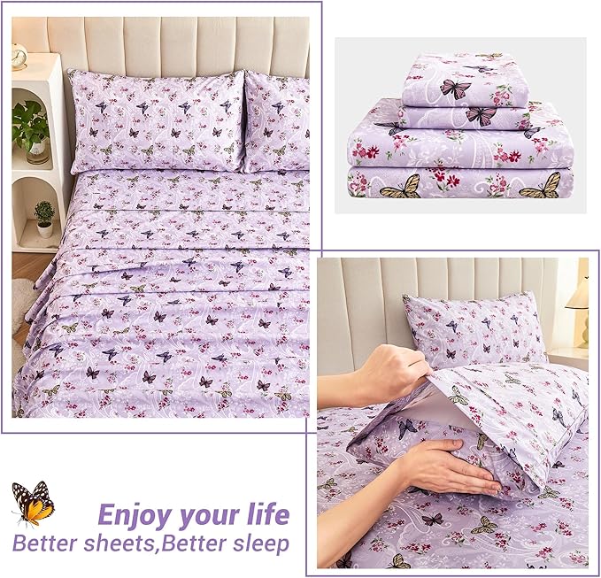 Softan Floral King Bed Sheets, Purple Paisley Flower Printed Sheet Set - Brushed Microfiber King Fitted Sheet with 15" Deep Pocket and Corner Straps, Butterfly Patterned Sheet & Pillowcase Sets