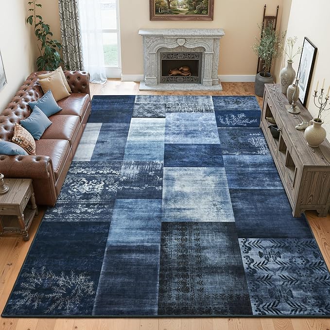 Tepook 8x10 Blue Area Rugs for Living Room, Modern Large Geometric Rug for Bedroom, Washable Patchwork Rug Indoor Non Slip Throw Carpets for Dining Room Office Farmhouse Home Decor