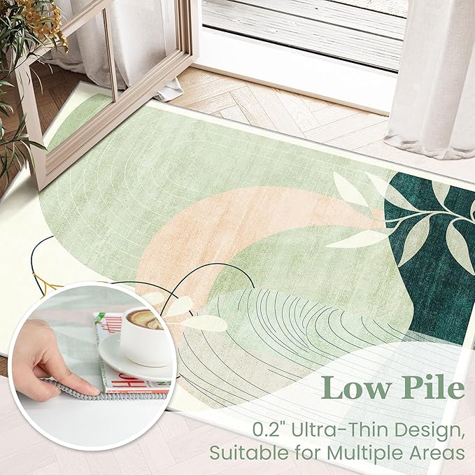 MUJOO 2x3 Washable Rug Small Area Rugs for Entryway Kitchen Bedroom,Boho Non Slip Throw Carpet for Bathroom Entrance Door Mat Mid Century Modern Abstract Botanical Geometric Accent Green