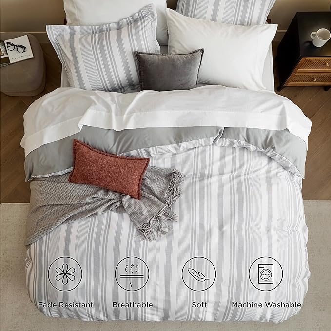 Bedsure Duvet Cover King Size - Striped Reversible Duvet Cover Set with Zipper Closure, 3 Pieces Grey Bedding Set with 8 Corner Ties and 2 Pillow Shams 20"x36"