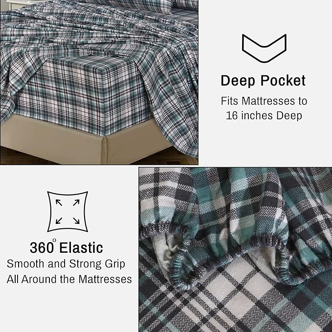 RUVANTI Flannel Sheets Queen Size - 100% Cotton Double Brushed Bed Sheets, Deep Pockets 16 Inches Queen Sheet Set, All Seasons Breathable & Extra Soft - Warm & Cozy, 4 Piece, Mint Grey