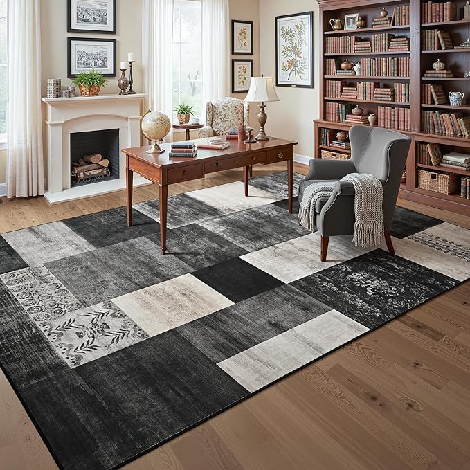 Tepook 8x10 Area Rugs for Living Room, Modern Large Geometric Rug for Bedroom, Washable Patchwork Rug Indoor Non Slip Throw Carpets for Dining Room Office Farmhouse Home Decor, Black and White