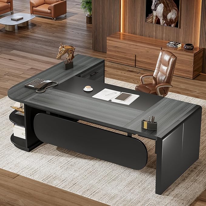 Tribesigns 80'' L-Shaped Desk, Large Executive Office Desk with 55'' Drawers Cabinet, Modern Commercial Office Table with Storage Shelves, Business Furniture for Home Office, Grey & Black