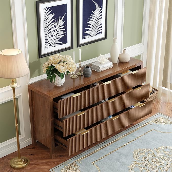 NRITOBY Mid-Century Modern 9-Drawer Dresser for Bedroom, Freestanding Nursery Dresser with Large Storage,Wood Dresser Dining Room, Entryway, Walnut Oak
