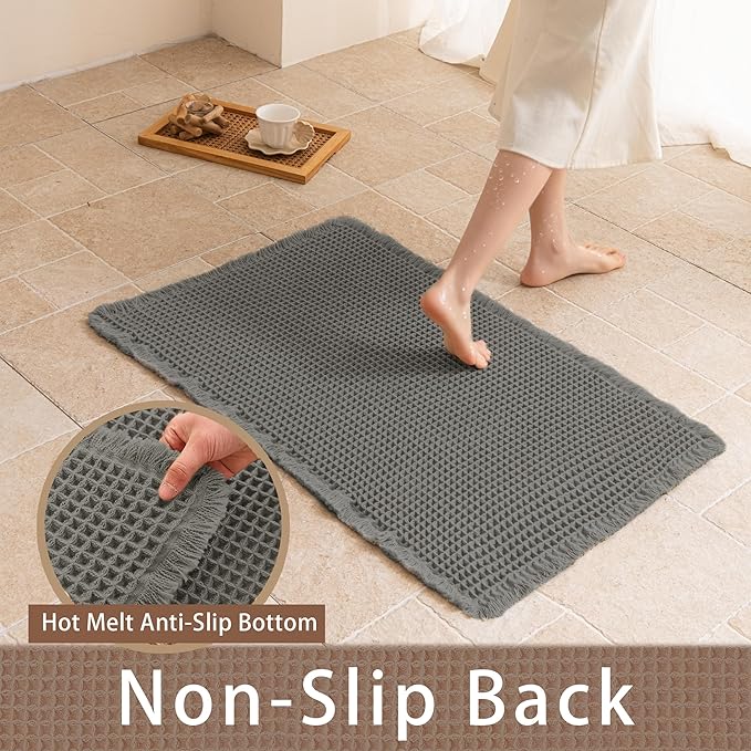 Waffle Bath Mat Non Slip, Boho Bathroom Rug, Super Absorbent Quick Dry Bathroom Mat, Soft Farmhouse Bath Rug with Tassels, Small Washable Shower Mats for Floor 24"x36", Dark Grey