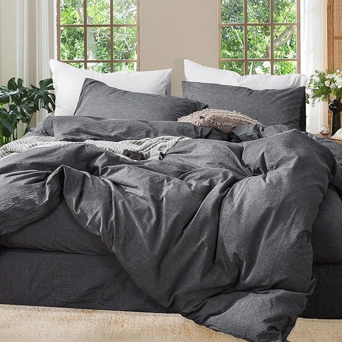 MooMee Bedding Duvet Cover Set 100% Washed Cotton Linen Like Textured Breathable Durable Soft Comfy (Heathered Dark Grey, Full 80"x90")