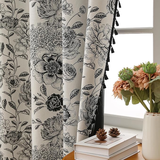 100% Blackout Black Floral Farmhouse Curtains Living Room Thermal Insulated Drapes Elegant Peony Pattern & Tassel Curtains 2 Panels Blocking Curtains for Windows Floral Drapes (52W*63L)