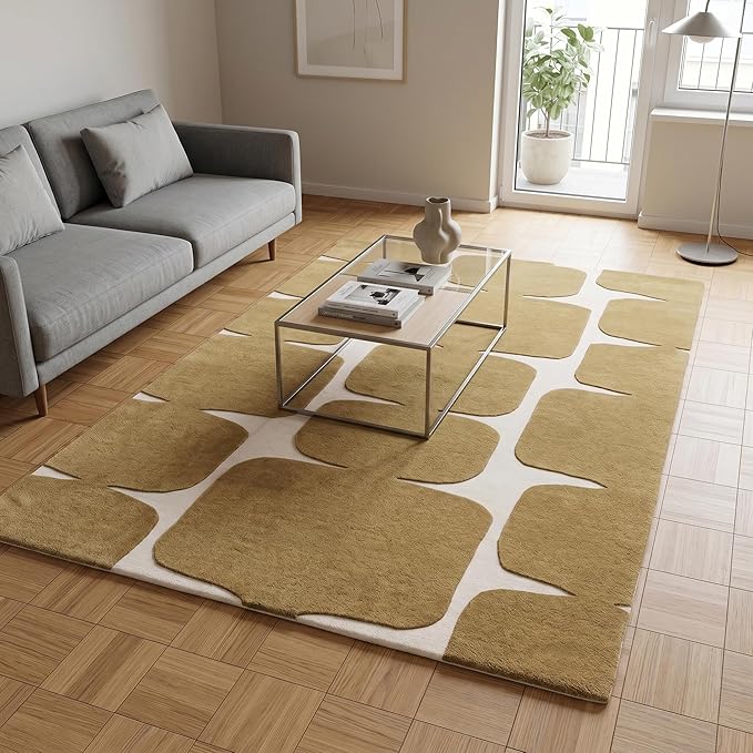 Restoration and Renovation Modern Wool Area Rug - Contemporary Abstract Geometric Design, Thick & Soft Hand-Tufted Carpet - Ideal for Indoor Decor in Living Room, Bedroom (Gold, 6' Round)
