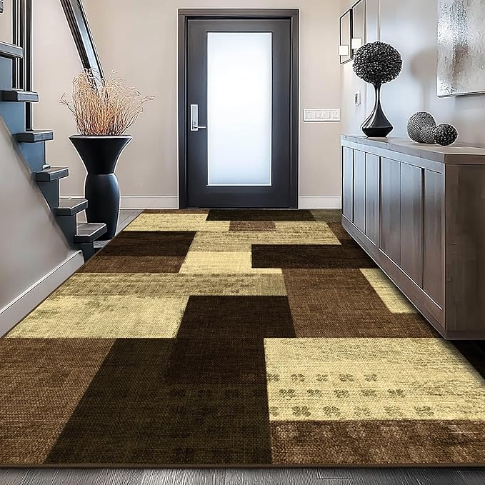 Modern Geometric Patchwork Indoor Area Rug for Living Room, Warm Taupe 5x7 Large Rug Rockwood Collection Hardwood Floors Decor for Bedroom, Taupe Throw Carpet for Office Entryway Dining Room