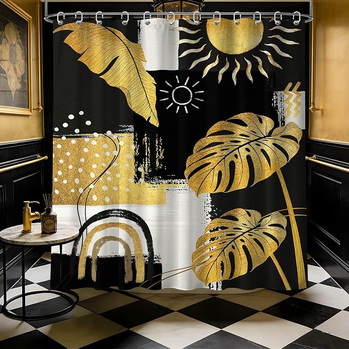 Black and Gold Mid Century Modern Shower Curtain Bohemian Abstract Dark Mens Shower Curtains for Bathroom Decor Sets, Waterproof Cloth Fabric with Hooks, 72x84 Inch