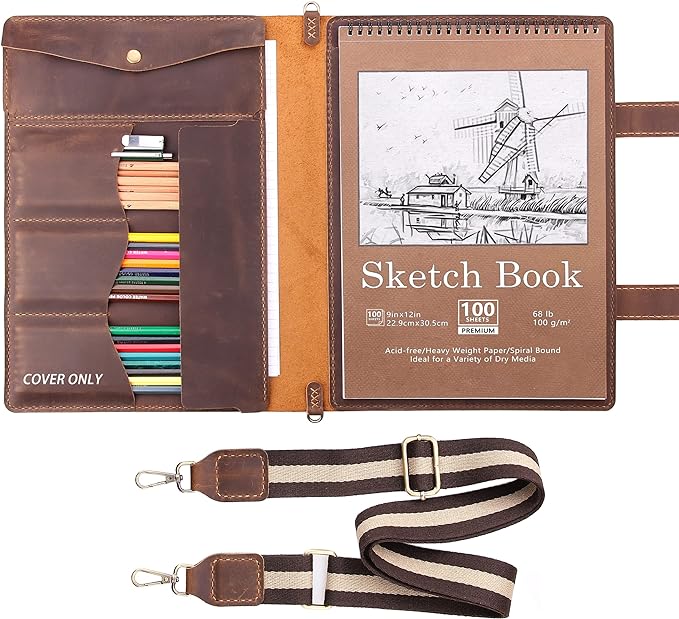 Robrasim Handmade Leather Sketchbook Cover, Artist Sketch Pad Holder for 9"X12" Top Spiral Bound Sketchbook, Drawing Book Pencil Case, Journal Portfolio with Shoulder Strap, Artist Gifts,Brown
