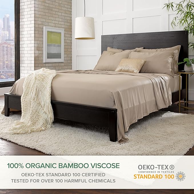 Pure Bamboo Split King Sheets, Genuine 100% Organic Viscose Derived from Bamboo Bed Sheet Set, Soft & Cooling, Double Stitching, 2 Fitted Sheets (Split King, Sand)