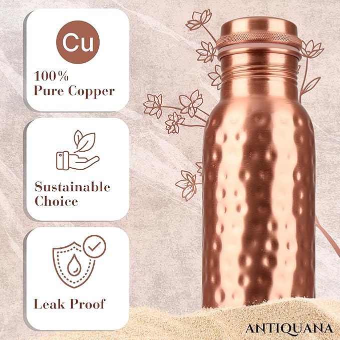 34 Oz Pure Copper Water Bottle Set – Leak-Proof Hammered Design with Tumbler, Carrying Bag & Smooth Finish Decorative – Copper Home Decore
