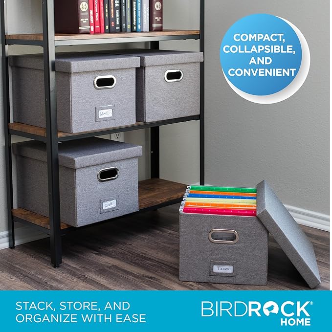 Internet's Best Collapsible File Storage Organizer with Lid - Decorative Linen Filing & Storage Office Box – Hanging Letter/Legal Folder – Home Office Bins Cabinet – Grey Container - 4 Pack