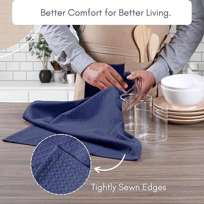 TWINY threads Kitchen Dish Towels Set of 4, 100% Cotton Waffle Weave, Absorbent Dishcloth & Tea Towel with Hanging Loop, Reusable for Table Cleaning, Quick Drying - 16x26 Inches - Indigo Blue