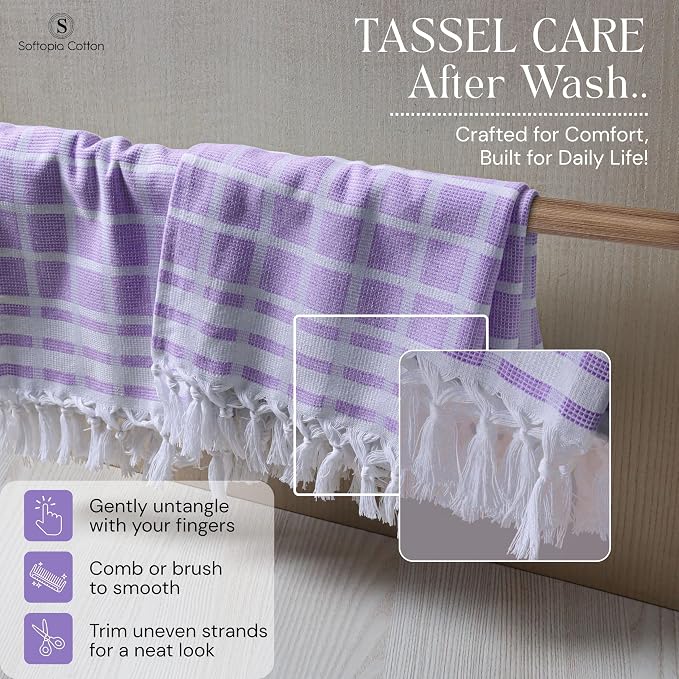 Matrix Dobby Kitchen Towels 12 Pack, 16x26 Inches, 100% Cotton, Absorbent Reusable Dish Cloths with Handmade Tassels, Washable Hand Towels for Drying - Lavender, White