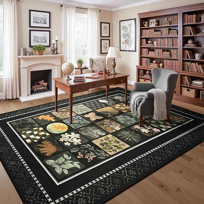 Tepook 4x6 Area Rugs for Living Room, Modern Large Geometric Rug for Bedroom, Washable Patchwork Rug Indoor Non Slip Throw Carpets for Dining Room Office Farmhouse Home Decor, Black