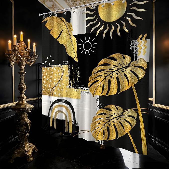 Black and Gold Mid Century Modern Shower Curtain Bohemian Abstract Dark Mens Shower Curtains for Bathroom Decor Sets, Waterproof Cloth Fabric with Hooks, 72x84 Inch