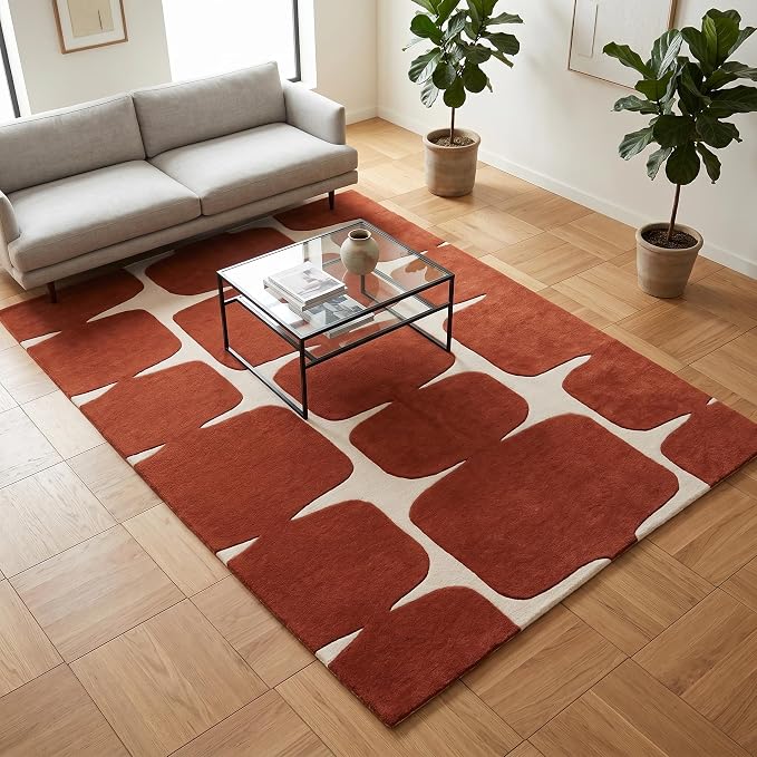 Restoration and Renovation Modern Wool Area Rug - Contemporary Abstract Geometric Design, Thick & Soft Hand-Tufted Carpet - Ideal for Indoor Decor in Living Room, Bedroom (Rust, 6' Round)