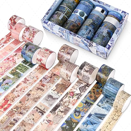 FTTELK 24 Rolls Vintage Washi Tape Set,Glitter Floral Decorative Adhesive Tape for Scrapbooking Supplies,Junk Journal,DIY Crafts,Planners and Gift Wrapping(Romantic Eternal Series)