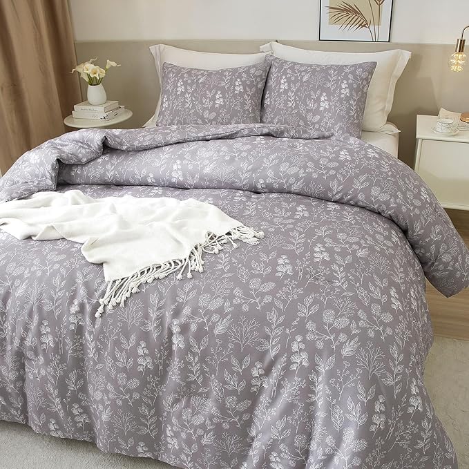 EAVD Fresh Vintage Grey Floral Duvet Cover King Soft Cotton Chic Shabby Garden Floral Bedding Set with 2 Pillowcases Reversible Floral Botanical Duvet Cover with Zipper Closure