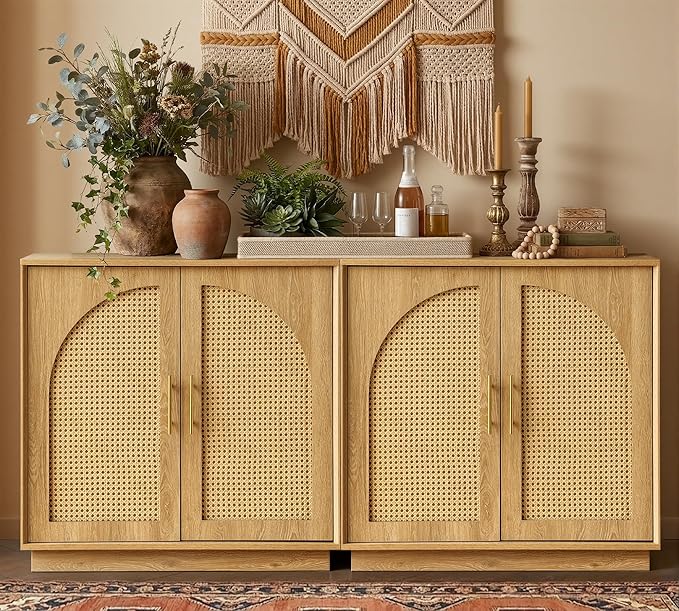 FORTUNETEC Sideboard Buffet Cabinet with Storage Set of 2, Modern Accent Cabinet with Rattan Arched Doors, Modular Media Console, Boho Credenza for Living Room Kitchen Dining Room Entryway, Oak