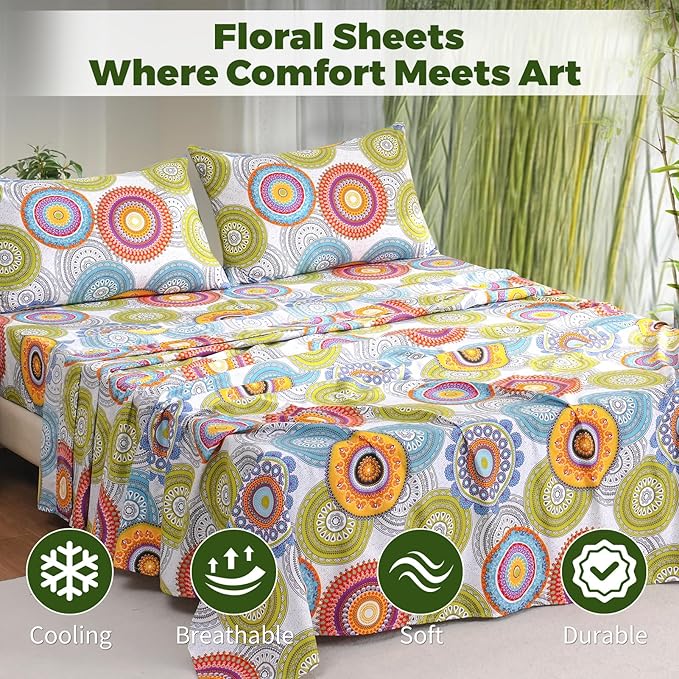 Bedlifes Queen Floral 4-Piece Sheet Set - Cooling Sheets Blend Rayon Derived from Bamboo,Soft & Breathable, Deep Pocket 16", Wrinkle Resistant - Mandala Patterned