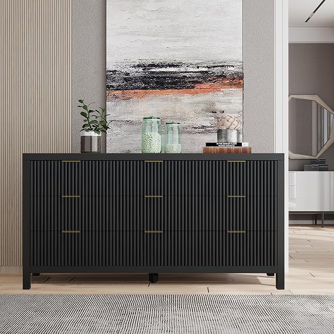 NRITOBY Dresser for Bedroom with 9 Drawers, Wide Bedroom Dresser with Drawer Organizers with Spacious Storage for Dining Room, Entryway, Black