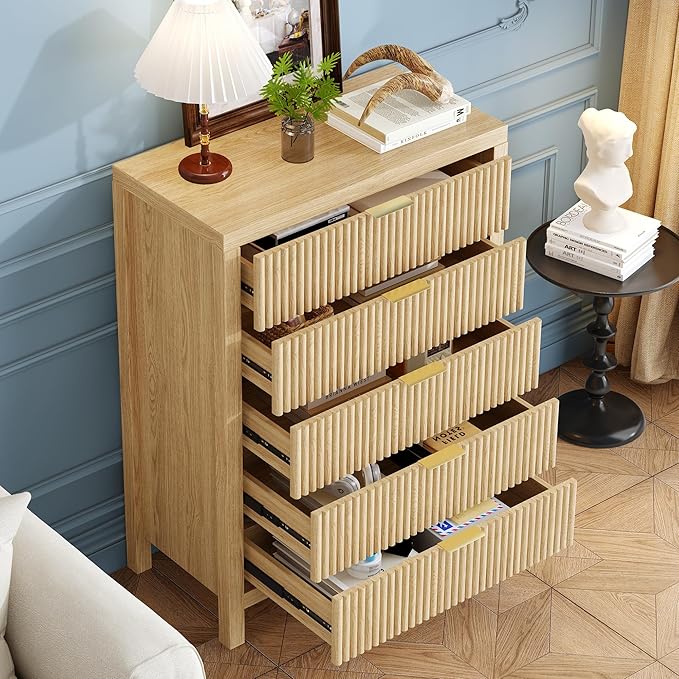 JZXSHD 43" 5 Tall Drawer Dresser Organizer TV Drawer Cabinet Modern Wood Storage Cabinet, Modern Wood Storage Cabinet for Bedroom, Hallway, Entryway, Natural Oak