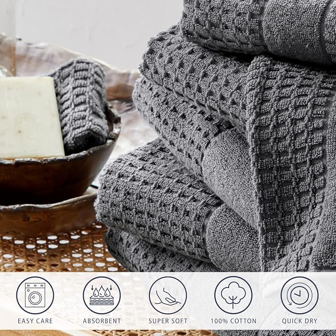 Market & Place 100% Cotton Super Soft Luxury Bath Towel Set | Quick-Dry and Highly Absorbent | Waffle Textured | 550 GSM | Includes 4 Bath Towels | Harper Collection (Dark Grey)