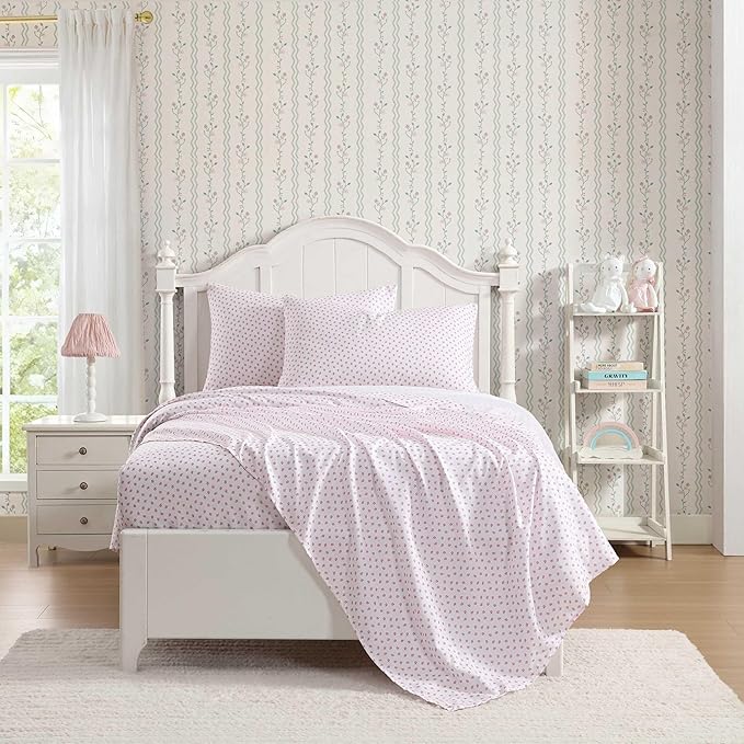 Laura Ashley Kids - Twin Sheet Set, Soft & Wrinkle-Resistant Toddler Bedding Set, Deep Pockets, Girl Bed Sheets with Matching Fitted Sheet & Pillowcase (Sweet Lady Bugs Pink)
