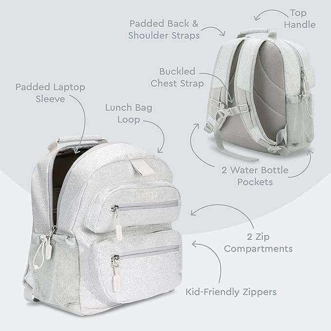 Bentgo Kids Glitter Backpack - Lightweight 14” Backpack for School, Travel & Daycare, Ideal for Ages 4+, Durable & Water-Resistant, Roomy Interior, & Loop for Lunch Bag (Glitter Edition - Silver)