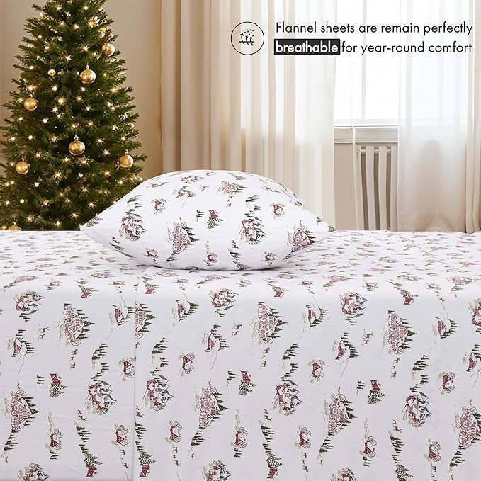 RUVANTI Flannel Sheets Queen Size - 100% Cotton Double Brushed Bed Sheets, Deep Pockets 16 Inches Queen Sheet Set, All Seasons Breathable & Extra Soft - Warm & Cozy, 4 Piece, Hilly Huts
