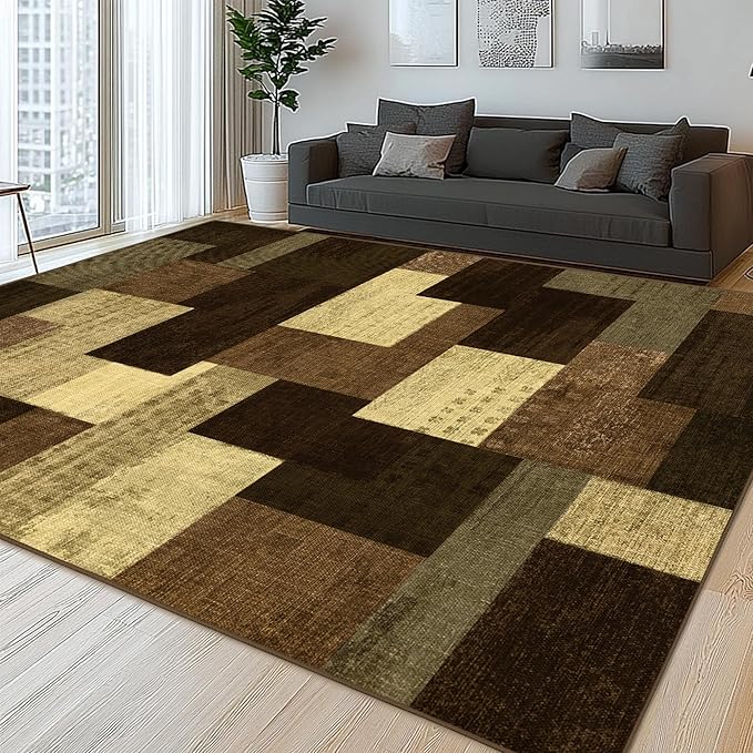 Modern Geometric Patchwork Indoor Area Rug for Living Room, Warm Taupe 9x12 Large Rug Rockwood Collection Hardwood Floors Decor for Bedroom, Taupe Throw Carpet for Office Entryway Dining Room