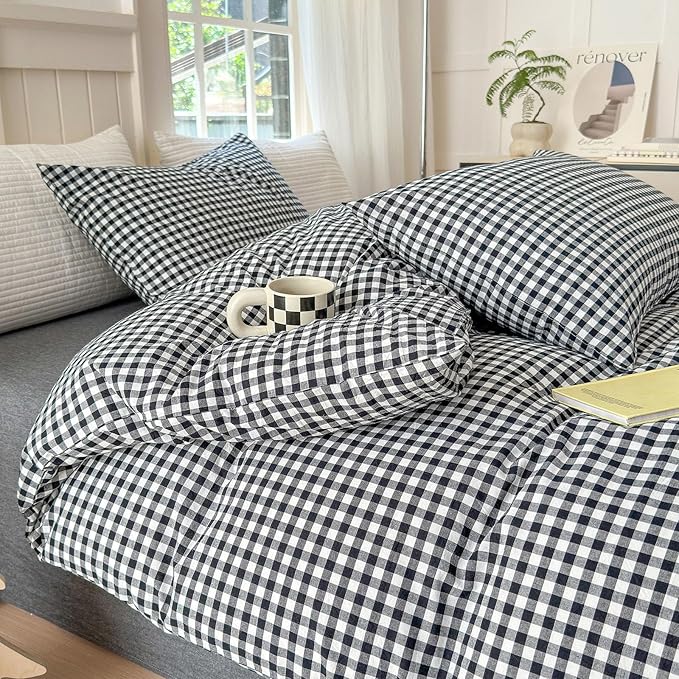 LifeTB Twin XL Comforter Set Black Gingham Comforter for Men Boys Geometric Plaid Comforter Set Grid Checkered Pattern Comforter with 2 Pillowcases Fluffy Soft Plaid Gingham Bedding Set Twin XL