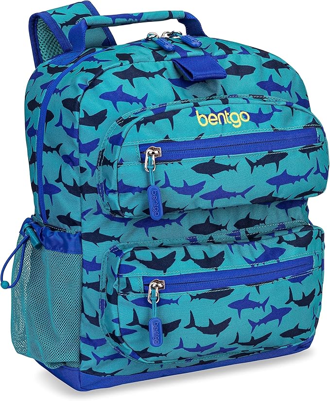Bentgo Kids Backpack - Lightweight 14” Backpack in Fun Prints for School, Travel, & Daycare, Ideal for Ages 4+, Roomy Interior, Durable & Water-Resistant Fabric, & Loop for Lunch Bag (Shark)