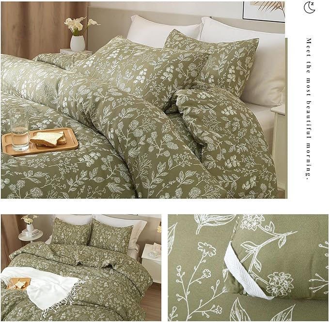 EAVD Vintage Style Garden Olive Green Floral Duvet Cover Twin XL Soft Cotton Chic Shabby Cute Floral Bedding Set with 2 Pillowcases Fresh Reversible Botanical Duvet Cover with Zipper Closure