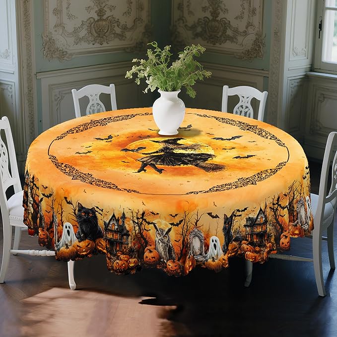 Eikione Round Tablecloth 60inch, Halloween Tablecloth Ghost Waterproof and Wrinkle-Free, Table Covers, Summer Decorations for Home Dining