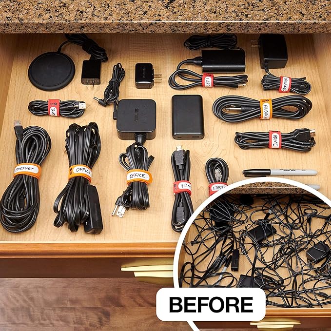 Wrap-It Storage Cinch-Straps (Assorted 16-Pack) Black - Hook and Loop Strap with Write on Label for Easy Cord Identification and Cable Management