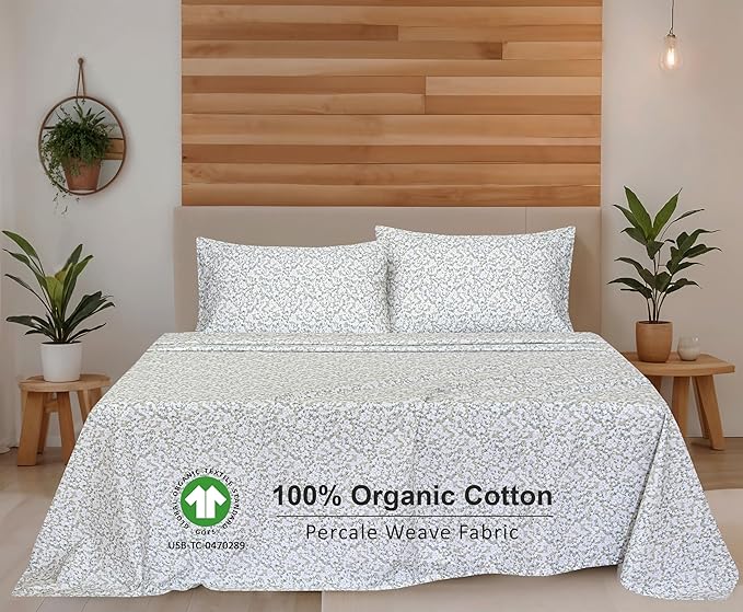 RUVANTI 100% Organic Cotton Sheets Full Size, Percale Weave, GOTS Certified, 4-Piece Set, Deep Pocket 15", Crisp & Breathable, Soft Durable Bedding, Sábanas Algodón Orgánico – Floral Rush