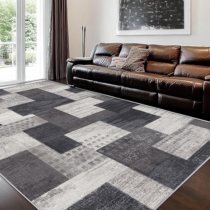 Modern Geometric Patchwork Indoor Area Rug for Living Room, Charcoal 5'x 7' Large Rug Rockwood Collection Hardwood Floors Decor for Bedroom, Grey Throw Carpet for Office Entryway Dining Room