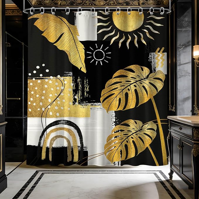 Black and Gold Mid Century Modern Shower Curtain Bohemian Abstract Dark Mens Shower Curtains for Bathroom Decor Sets, Waterproof Cloth Fabric with Hooks, 60x72 Inch