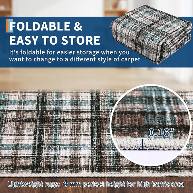 Modern Runner Rug 2x10 Non-Slip Washable Kitchen Runners, Low Pile Non-Shedding Floor Carpet, Stain Resistant Long Accent Rug for Kids Room, Bedroom Laundry Bathroom Foyer