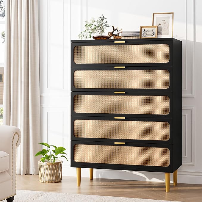 Garvee Rattan Dresser with 5 Drawers, Tall Modern Closet with Deep Storage, Large Chest of Drawers with Wide Top, Long Wooden Dresser for Bedroom, Living Room, Hallway, Kids Room, Black
