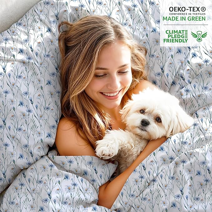 RUVANTI 100% Organic Cotton Sheets Twin XL, Percale Weave, GOTS Certified, 3-Piece Set, Deep Pocket 15", Crisp & Breathable, Soft Durable Bedding, Sábanas Algodón Orgánico – Daisy Bud
